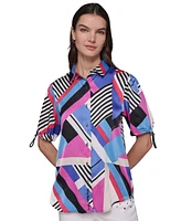 Karl Lagerfeld Paris Petite Geo-Print Bungee-Cuff Blouse