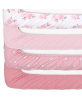 The Peanutshell Fitted Crib Sheet Set for Baby Girls, Pink Roses and Floral, 4 Pack Set