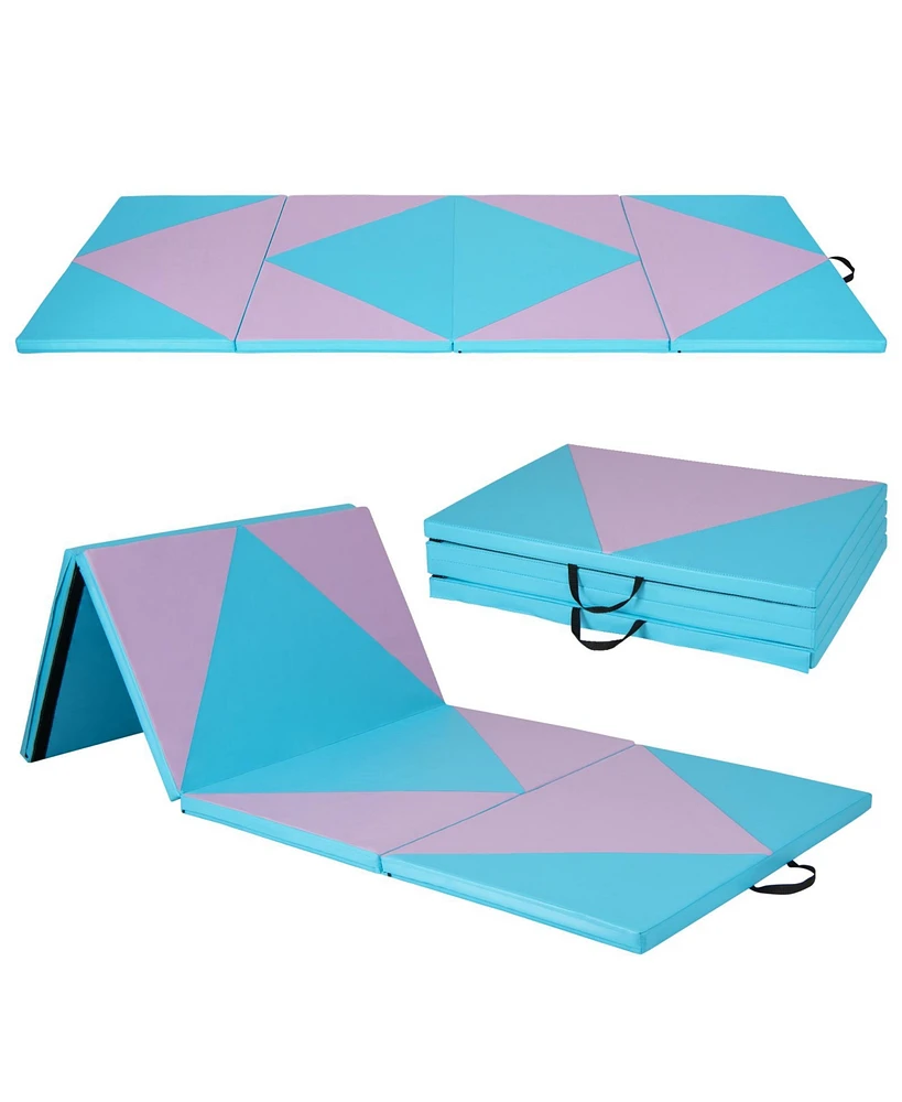 Hongge 4-Panel Pu Leather Folding Exercise Gym Mat with Hook and Loop Fasteners-Pink & Blue