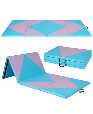 Hongge 4-Panel Pu Leather Folding Exercise Gym Mat with Hook and Loop Fasteners-Pink & Blue