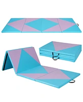 Hongge 4-Panel Pu Leather Folding Exercise Gym Mat with Hook and Loop Fasteners-Pink & Blue