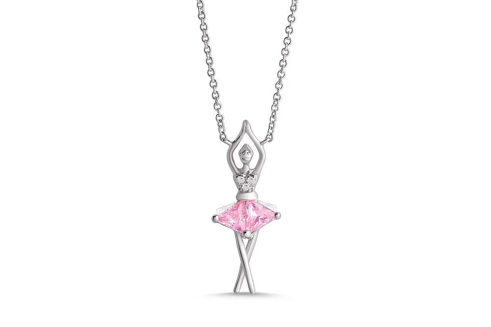 Lily Nily Girls Pink & White Cz Ballerina Necklace in Sterling Silver