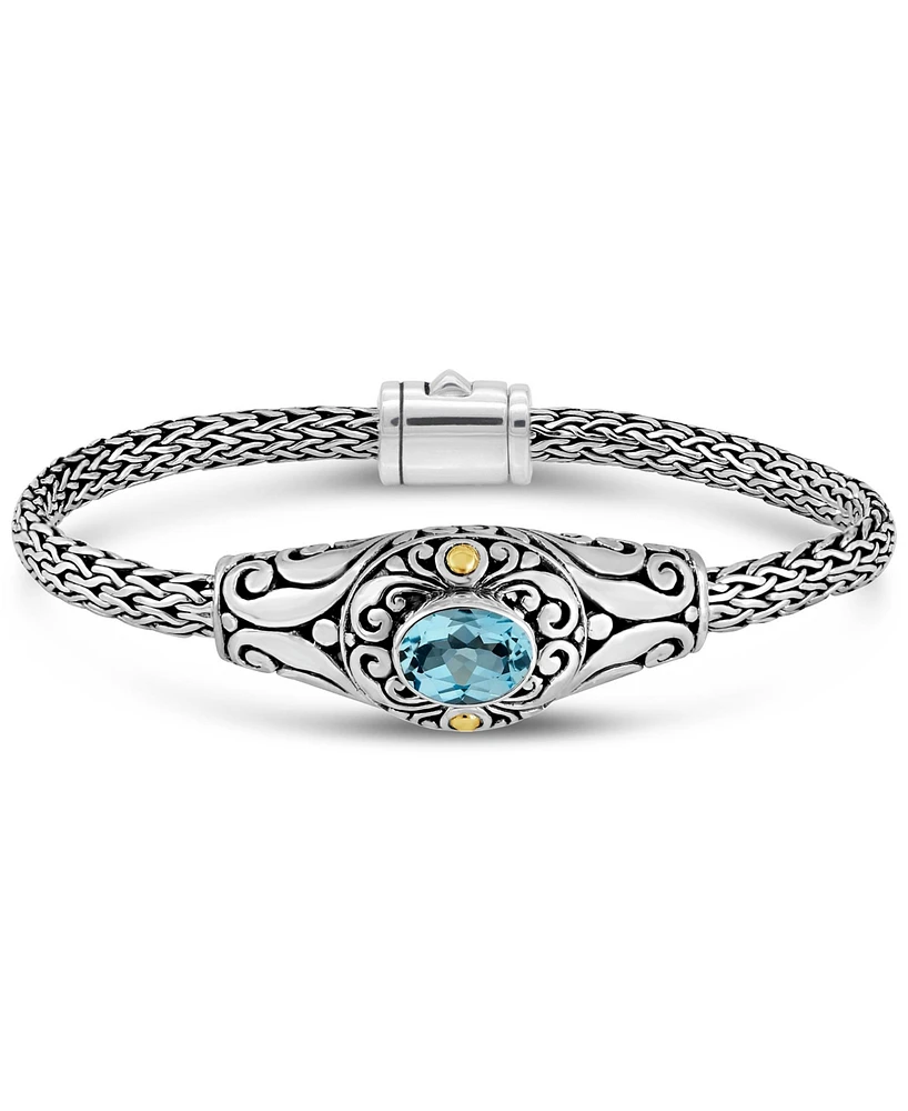 Devata Swiss Blue Topaz & Bali with Dragon Bone Chain Bracelet in Sterling Silver and 18K Gold, Medium 7.5 in