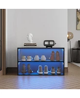 Slickblue Black Glass Door Shoe Storage Cabinet with Rgb Led Light for Modern Organization