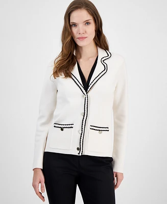 Anne Klein Women's Braided-Trim Notched-Collar Cardigan Sweater