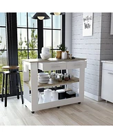 Delos Kitchen Island 36" H, Six Casters, Two Drawers, Open Storage Shelves, Towel Hanger