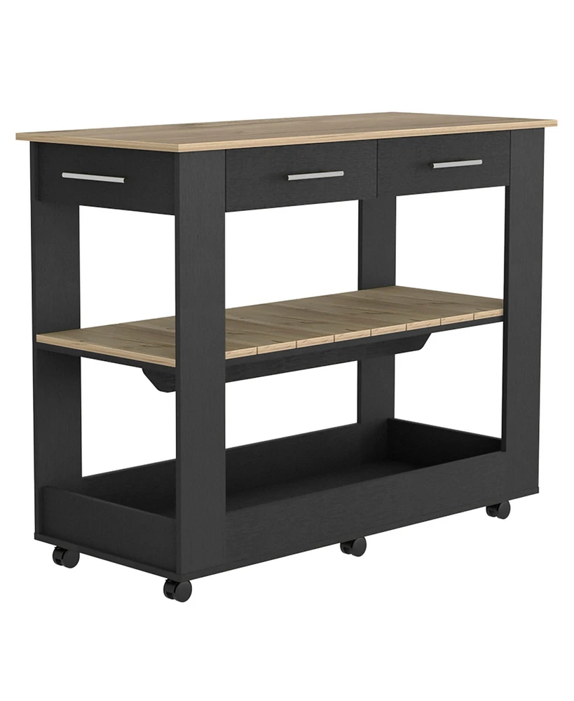 Depot E-Shop Delos Kitchen Island 36" H, Six Casters, Two Drawers, Open Storage Shelves, Towel Hanger