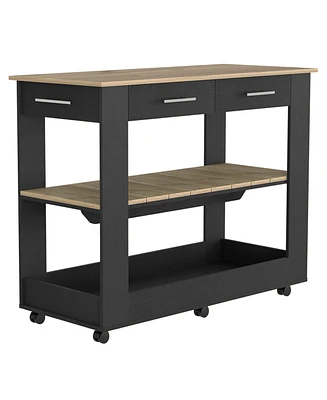 Depot E-Shop Delos Kitchen Island 36" H, Six Casters, Two Drawers, Open Storage Shelves, Towel Hanger