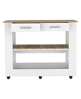 Delos Kitchen Island 36" H, Six Casters, Two Drawers, Open Storage Shelves, Towel Hanger