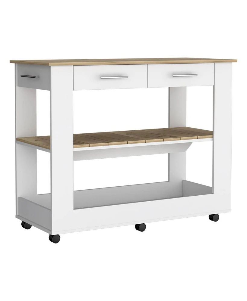 Delos Kitchen Island 36" H, Six Casters, Two Drawers, Open Storage Shelves, Towel Hanger