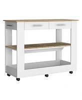 Delos Kitchen Island 36" H, Six Casters, Two Drawers, Open Storage Shelves, Towel Hanger
