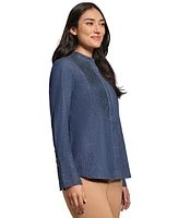 Jones New York Women's Band-Collar Stretch-Denim Blouse