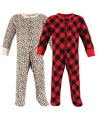 Hudson Baby Girls Thermal Zipper Sleep and Play 2pk, Buffalo Plaid Leopard, Newborn