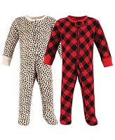 Hudson Baby Girls Thermal Zipper Sleep and Play 2pk, Buffalo Plaid Leopard, 0-3 Months