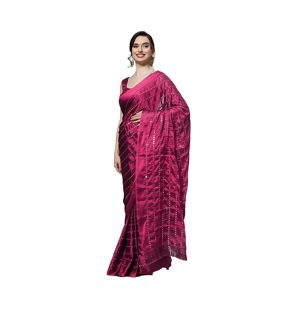 One Minute Saree Petite Akila Crepe Silk Wine Mirror Work Ready to Wear Sari