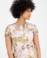 Bar Iii Women's Floral Mesh Crewneck Short-Sleeve Top, Exclusively at Macy's