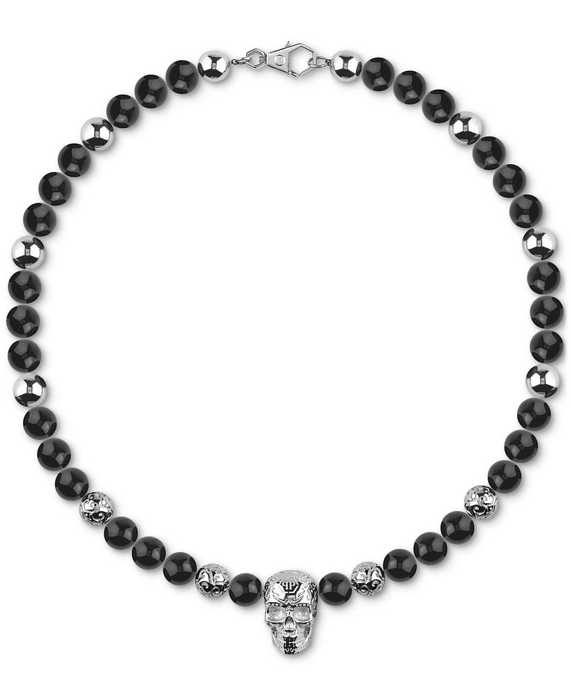 Philipp Plein Men's Elite Skull Black Onyx Bead 19-2/3" Necklace in Stainless Steel