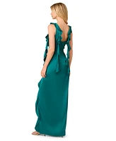 Adrianna by Papell Women's Ruffled V-Neck Sleeveless Satin Gown