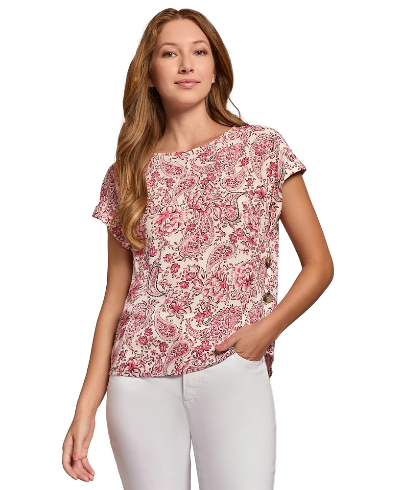 Jones New York Petite Printed Side-Button Cap-Sleeve Top