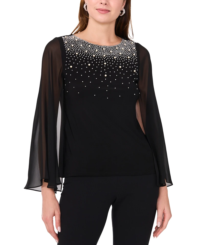 Msk Women's Crystal-Embellished Flutter-Sleeve Top