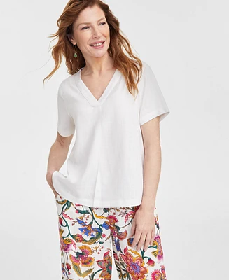 Jm Collection Women's Linen-Blend V-Neck Top, Exclusively at Macy's