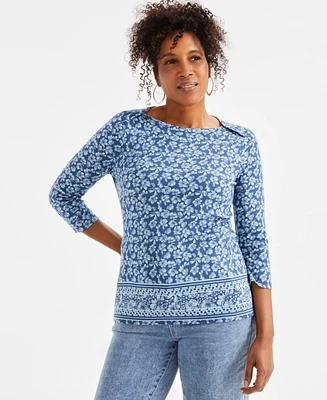 Style & Co Petite Classic Fleur Cotton 3/4-Sleeve Top, Exclusively at Macy's