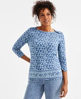 Style & Co Petite Classic Fleur Cotton 3/4-Sleeve Top, Exclusively at Macy's