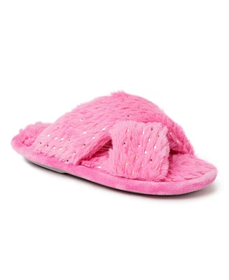 Dearfoams Girls Ava Crisscross Fuzzy Sparkle Slide Slipper