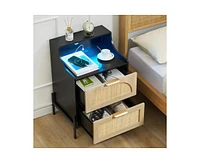 gaomon Rattan Nightstand, Nightstand with Charging Station with and Led Lights, Bedside Table with Usb Ports and Outlets, Rattan Drawer, Black Nightst