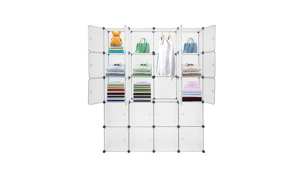 Slickblue 20-Cube Stackable Plastic Organizer Shelves, Closet Cabinet with Hanging Rod in White for Versatile Storage