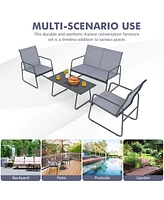 Sugift 4 Pieces of Metal Patio Furniture Chat Set with Tempered Glass Coffee Table