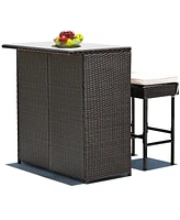 Sugift 3-piece Rattan Wicker Bar Table Stools Dining Set Cushioned Chairs