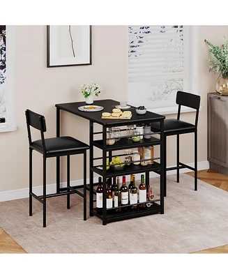 gaomon Dining Table Set for 2, Bar Table and Chairs for 2, Kitchen Table Set with 2 Upholstered Chairs,3 Large Storage Shelves,Black