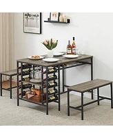 gaomon Dining Table Set for 4, Kitchen Table Set for 4 with 2 Benches, Rectangular Dining Room Table Set with Wine Rack