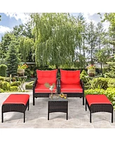 Vebreda 5 Pieces Patio Rattan Sofa Ottoman Furniture Set with Cushions