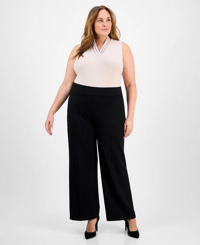 Anne Klein Plus Pull-On Wide-Leg Crepe Pants