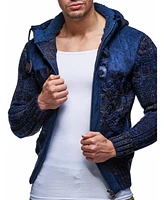 Leif Nelson Men's Knit Zip-up Jacket With Geometric Patterns and Leather Accents