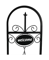 Sunnydaze Decor Black Iron Frame Hanging Basket Planter with Welcome Sign - 48 in