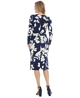 London Times Women's Floral Side-Ruched Long-Sleeve Midi Dress