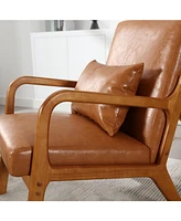 Modern Accent Chair, Solid Wood Padding Lounge Armchairs With One pillow for Living Room, Bedroom, Guest Room (Light Brown Pu)