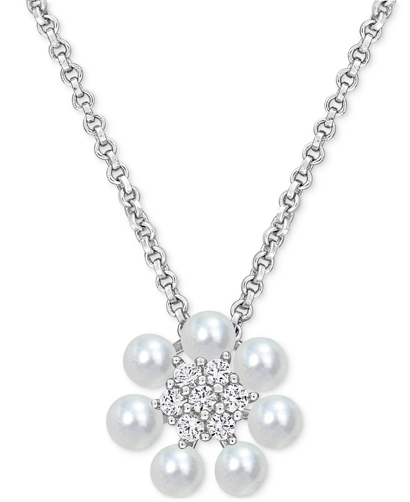 Cultured Freshwater Pearl (3-3-1/2mm) and Lab Grown White Sapphire (1/8 ct. t.w.) Flower 18" Pendant Necklace in Sterling Silver