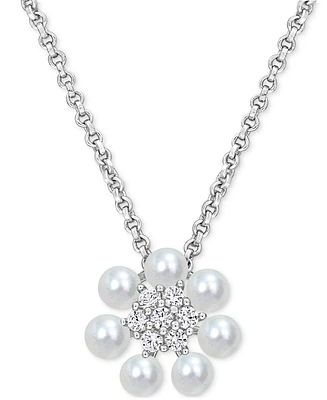 Cultured Freshwater Pearl (3-3-1/2mm) and Lab Grown White Sapphire (1/8 ct. t.w.) Flower 18" Pendant Necklace in Sterling Silver