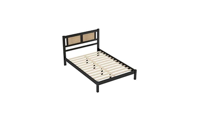 Slickblue Platform Bed with Natural Rattan Headboard for Exquisite Elegance and Minimalist Charm in the Bedroom