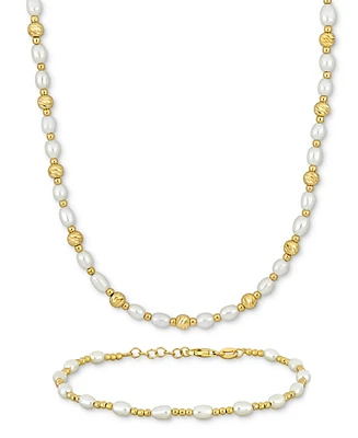 2-Pc. Set Cultured Freshwater Pearl (3-1/2-4mm) Ball Beaded Necklace & Bracelet in 18k Gold-Plated Sterling Silver