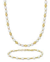 2-Pc. Set Cultured Freshwater Pearl (3-1/2-4mm) Ball Beaded Necklace & Bracelet in 18k Gold-Plated Sterling Silver