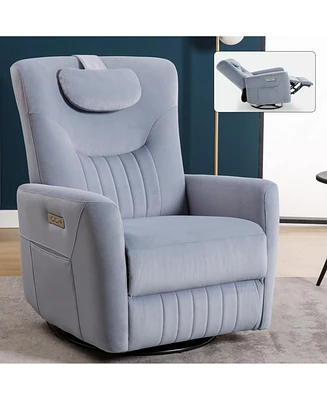 Streamdale Furniture Blue Swivel and Rocker Power Recliner Chair with Lumbar and Neck Support Pillow, Heavy Duty Motion Mechanism with Usb and Type