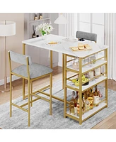 gaomon Dining Table Set for 2, Bar Table and Chairs for 2, Kitchen Table Set with 2 Upholstered Chairs,3 Large Storage Shelves,White