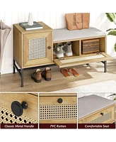 gaomon Rattan Shoe Bench with Linen Seat Cushion, Entryway Bench with Storage Cabinet, Wooden Storage Bench