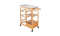 Slickblue Moveable Kitchen Cart with Stainless Steel Table Top, Three Drawers, and Three Baskets in Burlywood for Versatile Storage and Convenience