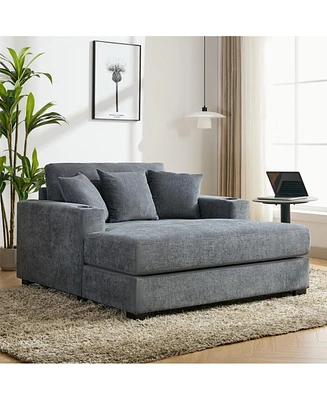 55" Oversized Chaise Lounger Modern Style Sofa Couch, with Pillows, Charge Station & Cup Holders, Chenille Fabric